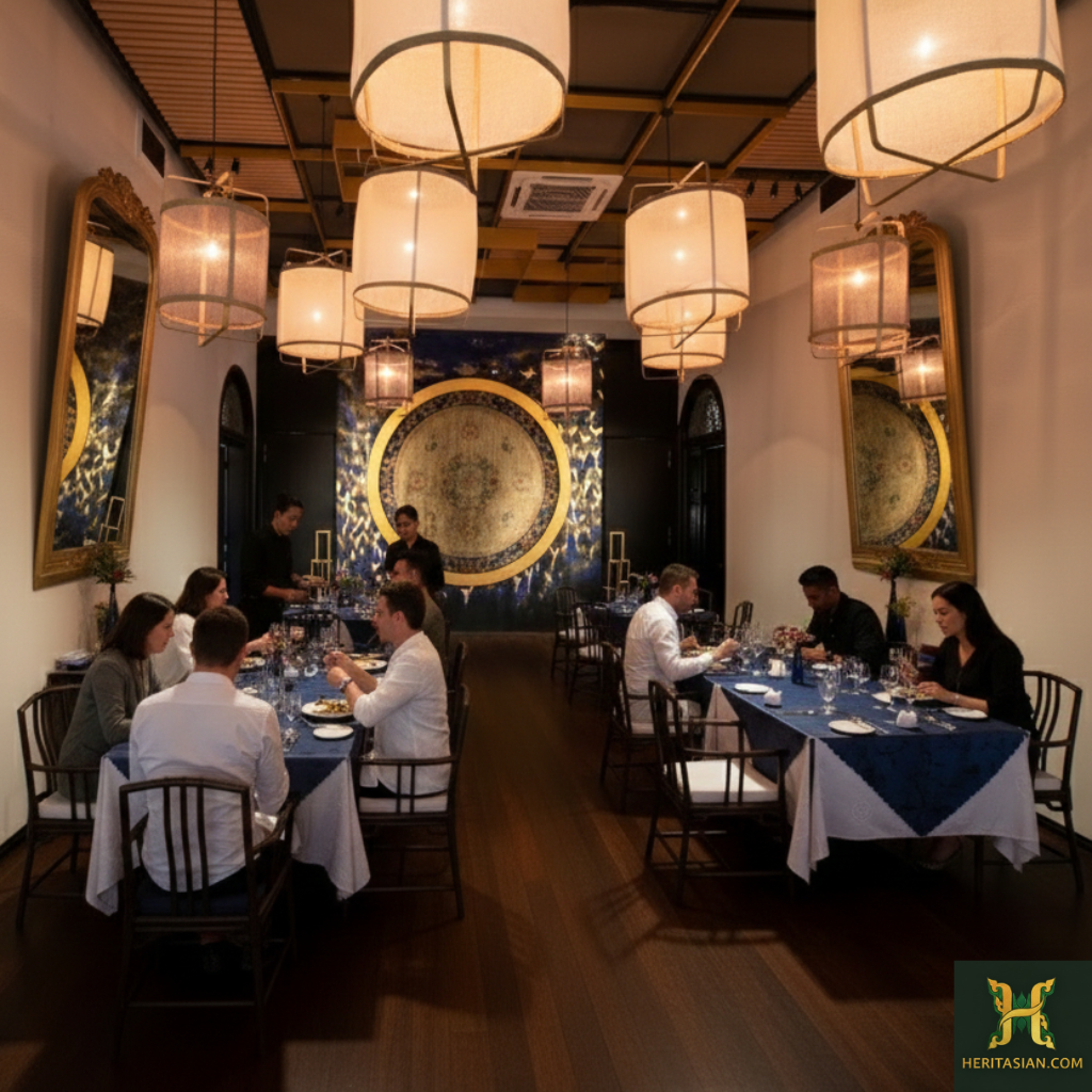 Elegant dining room at the Blue Mansion Penang, with guests seated at tables.