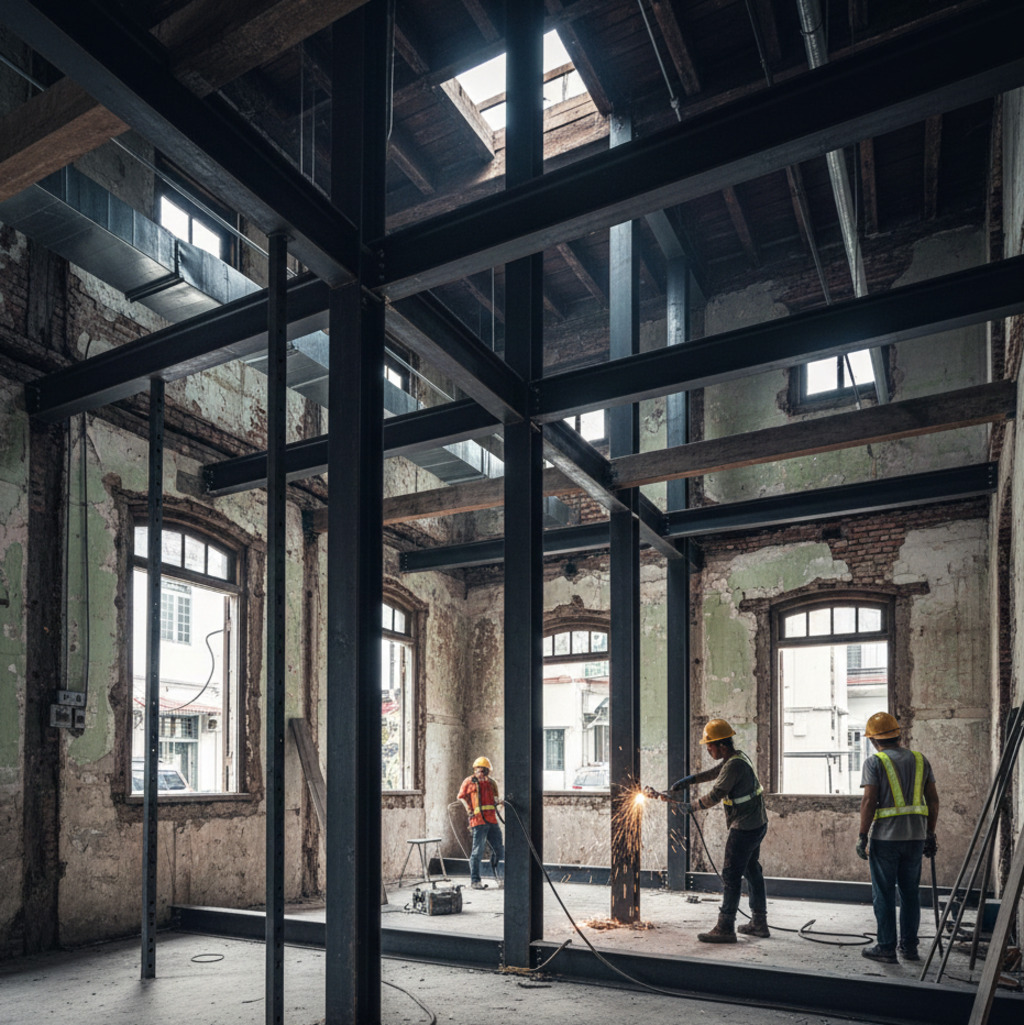 Construction workers welding steel beams inside a historic building undergoing adaptive reuse.