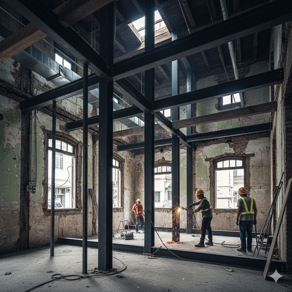 Construction workers welding steel beams inside a historic building undergoing adaptive reuse.
