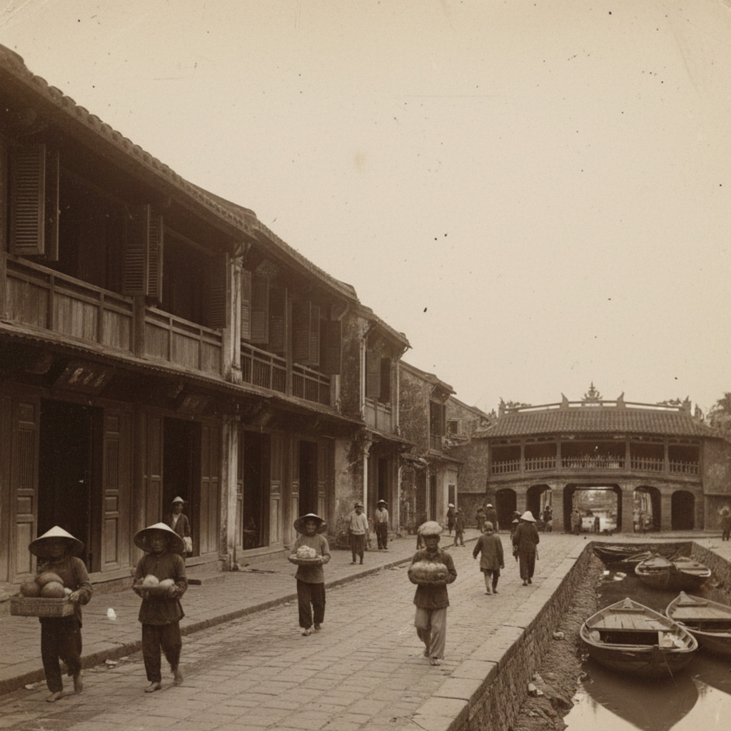 Hoi An street scene: People walking past traditional buildings towards the Japanese Covered Bridge.