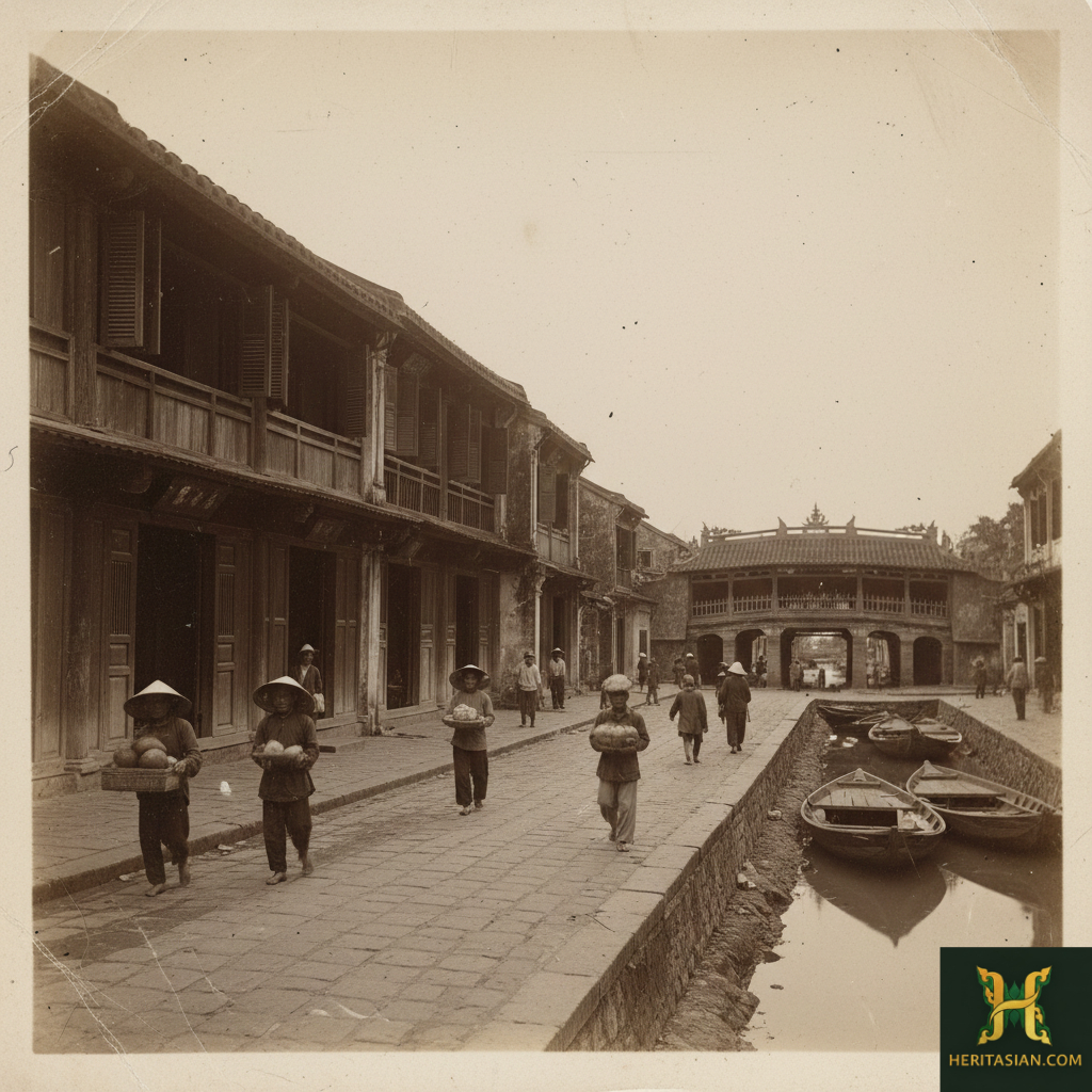 Hoi An street scene: People walking past traditional buildings towards the Japanese Covered Bridge.