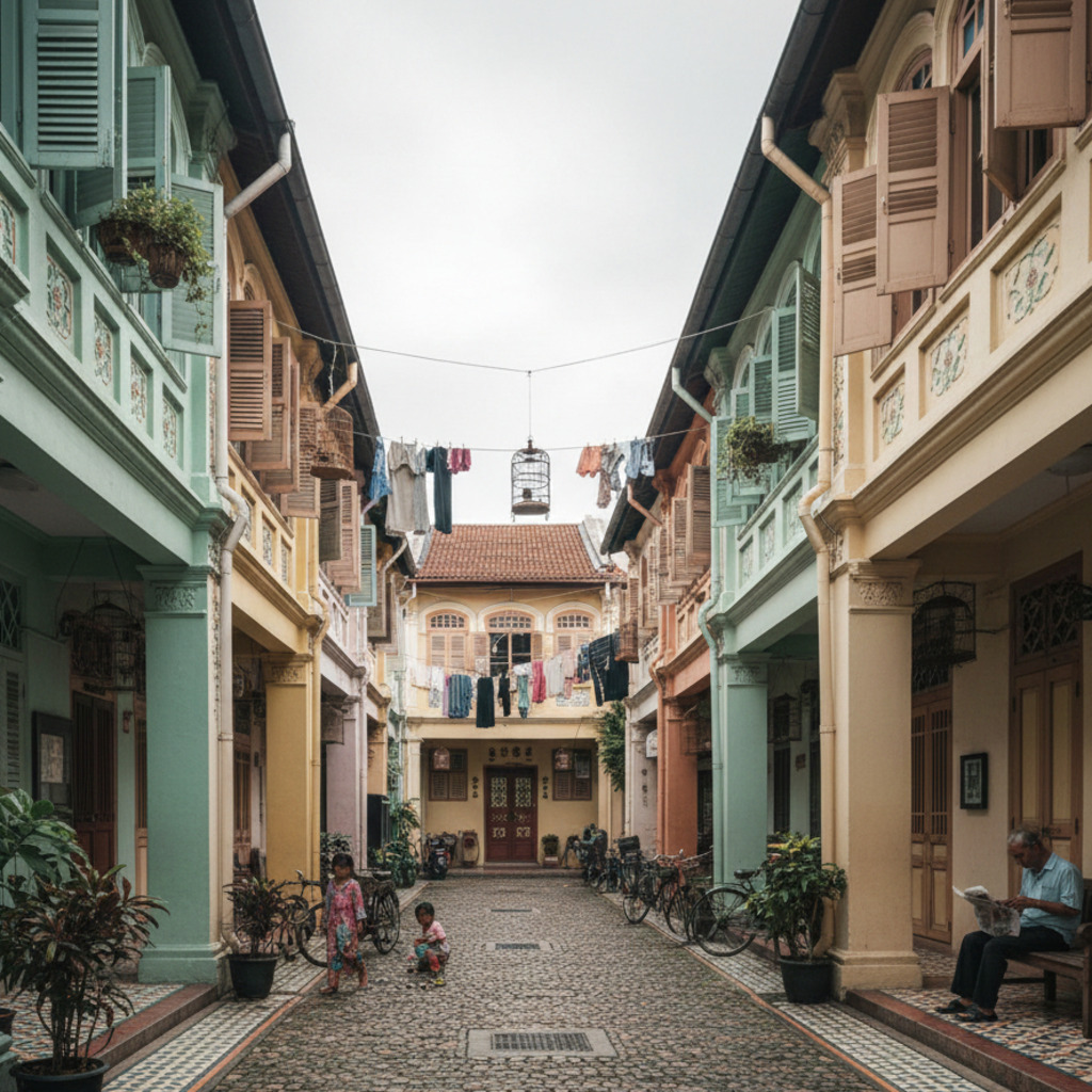Colorful Peranakan houses line a street in Singapore, showcasing adaptive reuse and preserved character.