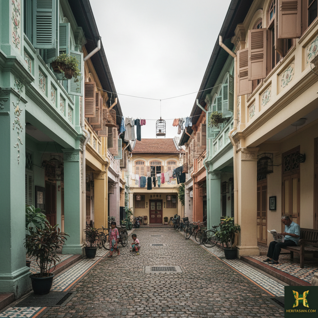 Colorful Peranakan houses line a street in Singapore, showcasing adaptive reuse and preserved character.