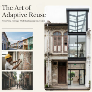 Adaptive reuse example: Historic building with modern glass addition. Text: "The Art of Adaptive Reuse.
