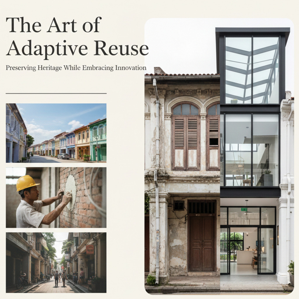 Adaptive reuse example: Historic building with modern glass addition. Text: "The Art of Adaptive Reuse.