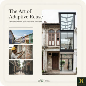 Adaptive reuse: Heritage building in Singapore blending old architecture with modern design. "The Art of Adaptive Reuse" text overlay.