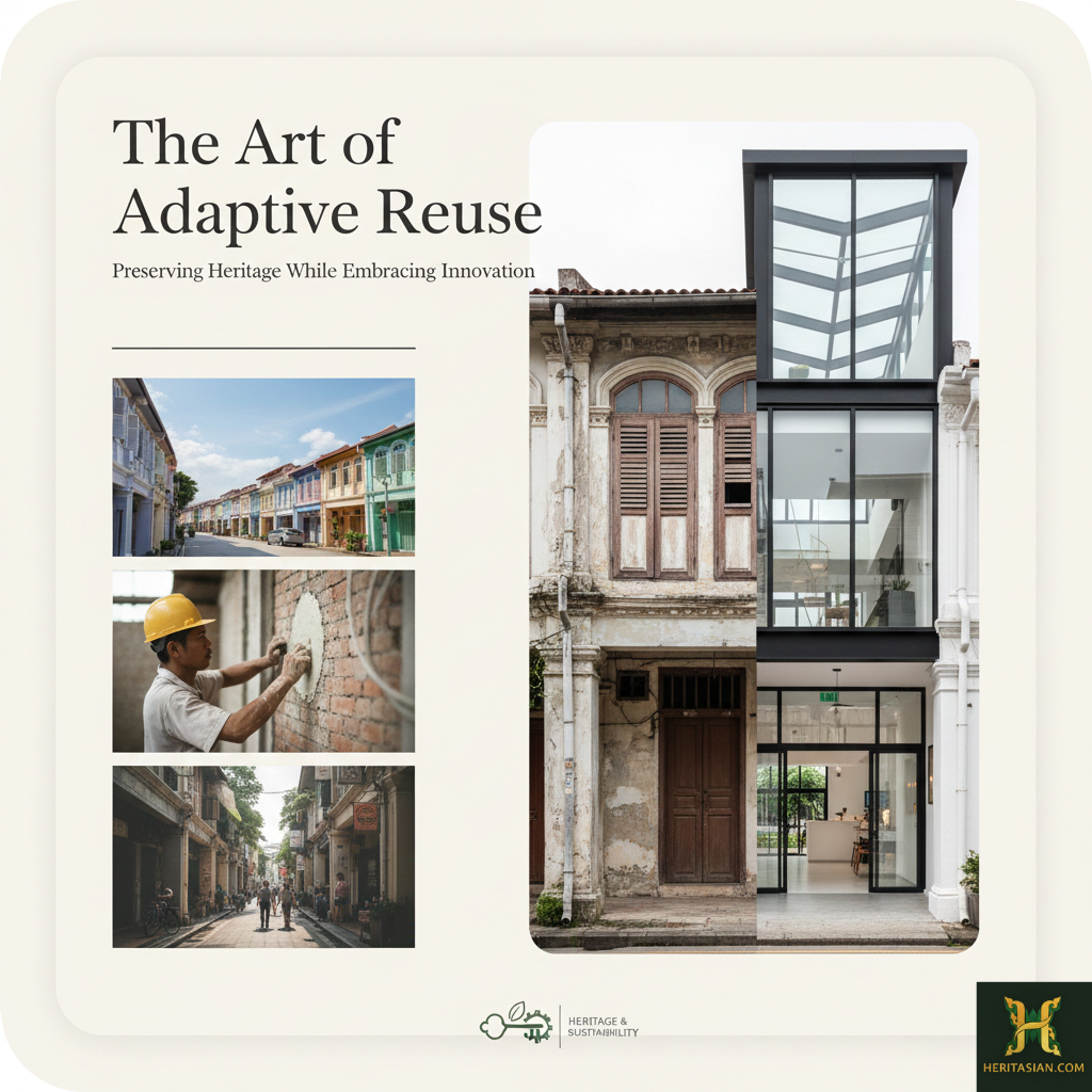 Adaptive reuse: Heritage building in Singapore blending old architecture with modern design. "The Art of Adaptive Reuse" text overlay.
