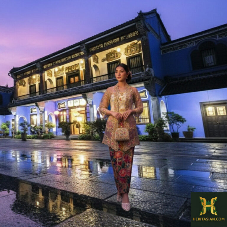 Woman in traditional dress at The Blue Mansion, Georgetown. Reflective wet pavement at dusk.