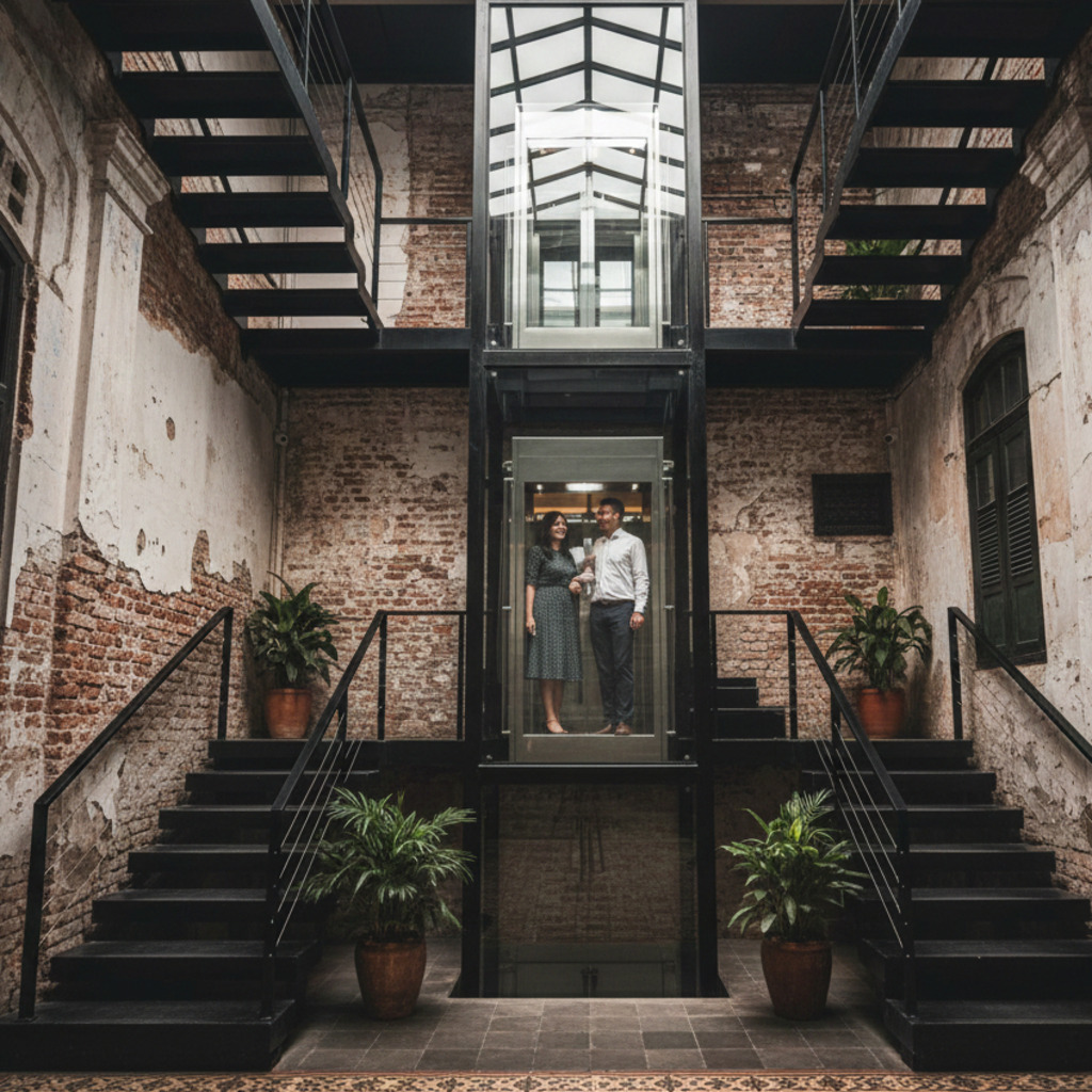 Adaptive reuse: Couple in glass elevator in a renovated building with exposed brick and staircases.