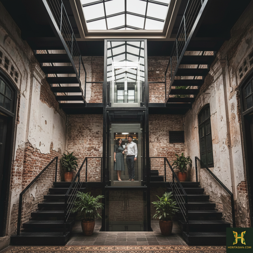 Adaptive reuse: Couple in glass elevator in a renovated building with exposed brick and staircases.