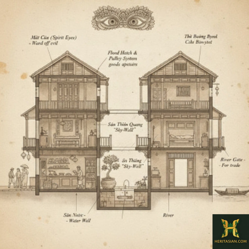 Hoi An, Vietnam: Vintage collage of the ancient town's market, river, Japanese Covered Bridge, and lantern shop.