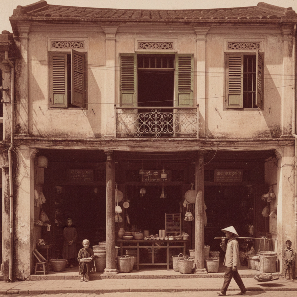 Hoi An, Vietnam: Vintage collage of the ancient town's market, river, Japanese Covered Bridge, and lantern shop.