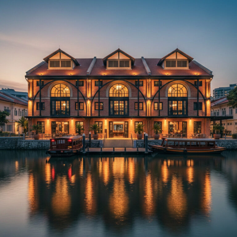 Colonial Godown Hotel on a river at dusk, reflecting warm lights. Architecture of the Straits Settlements.