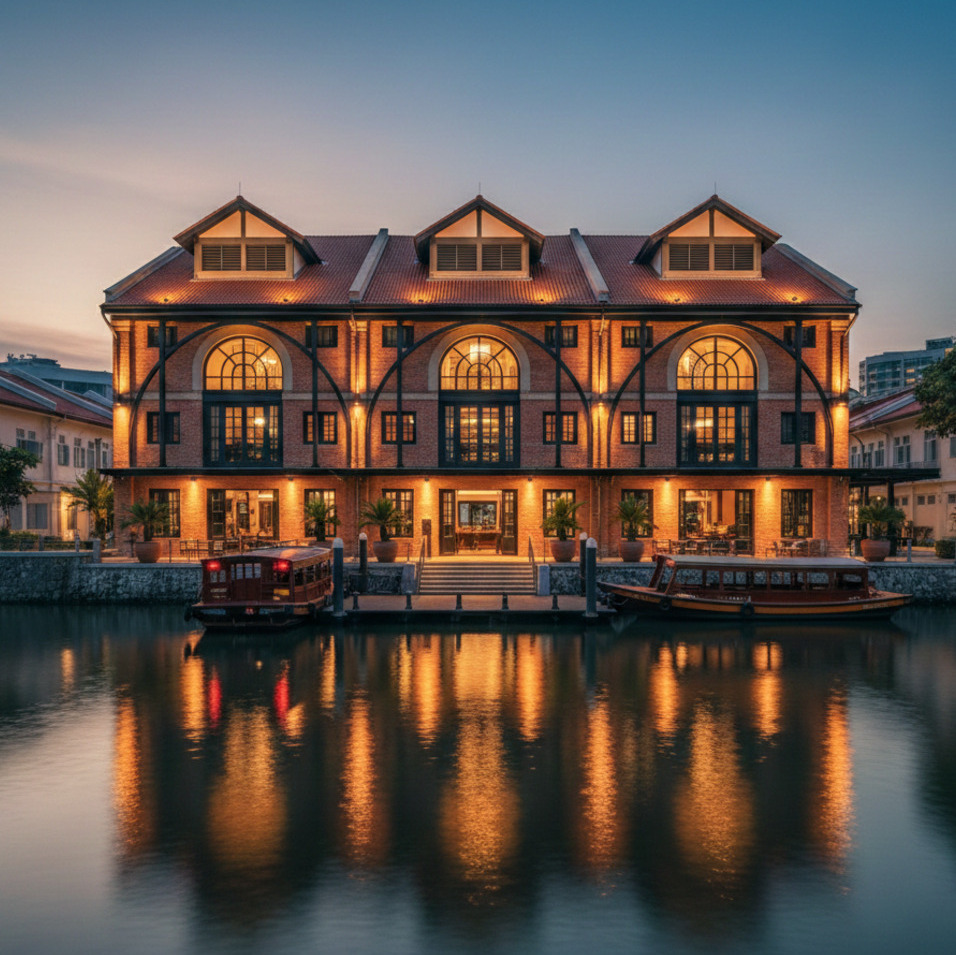Colonial Godown Hotel on a river at dusk, reflecting warm lights. Architecture of the Straits Settlements.