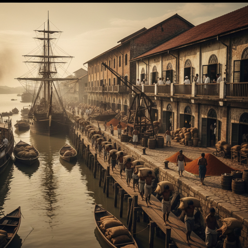 Busy colonial port scene with ships, workers loading goods, and godown hotels of the Straits Settlements.
