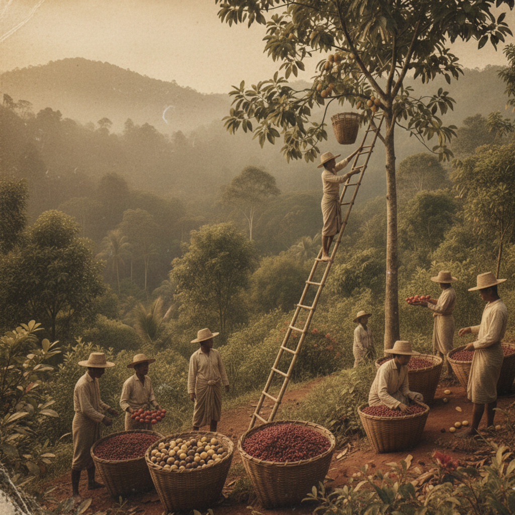 Coffee harvest at a Straits Settlements plantation, reminiscent of colonial godown hotels.