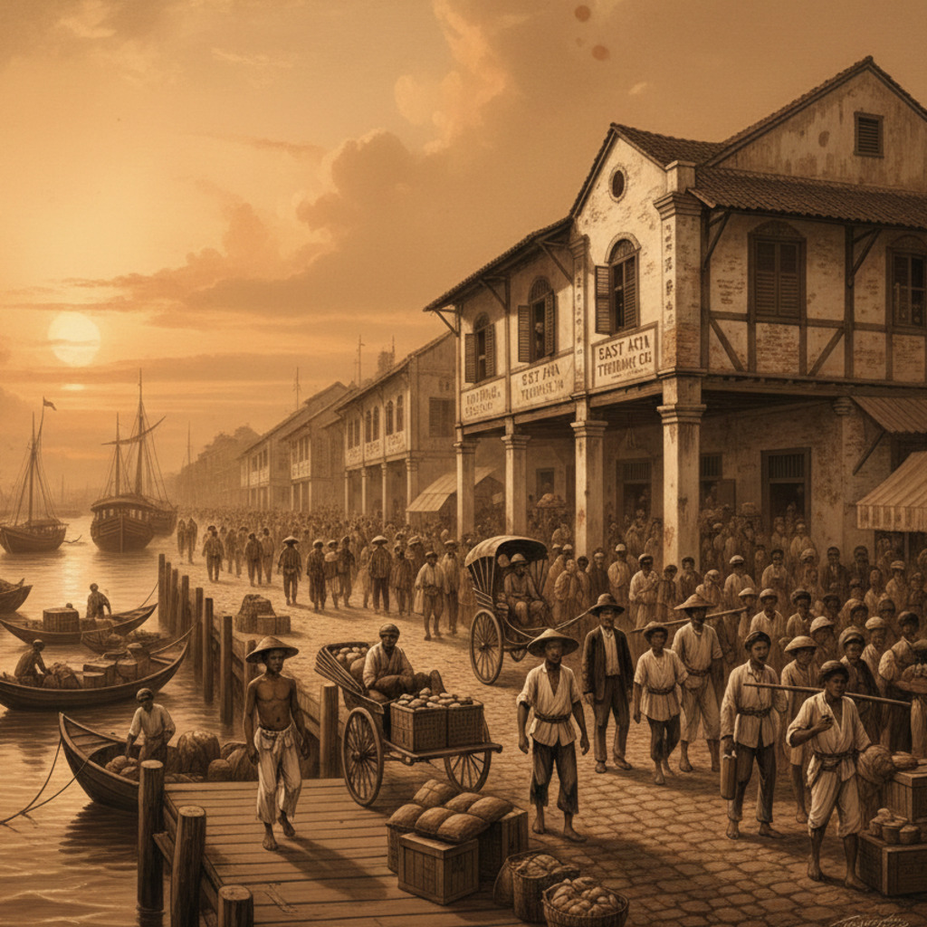 Busy historical port scene with people, boats, and buildings. Includes text "East Asia Trading Co.