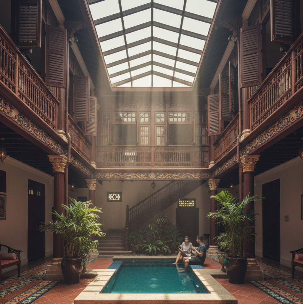 Interior courtyard with pool, skylight, and people relaxing. Traditional architecture and lush plants create a serene space.