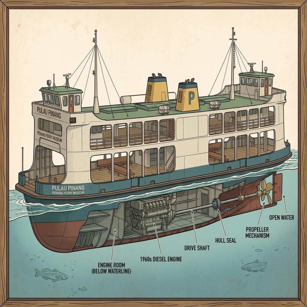 Cutaway diagram of the Penang Ferry Museum's 1960s diesel engine and propeller.
