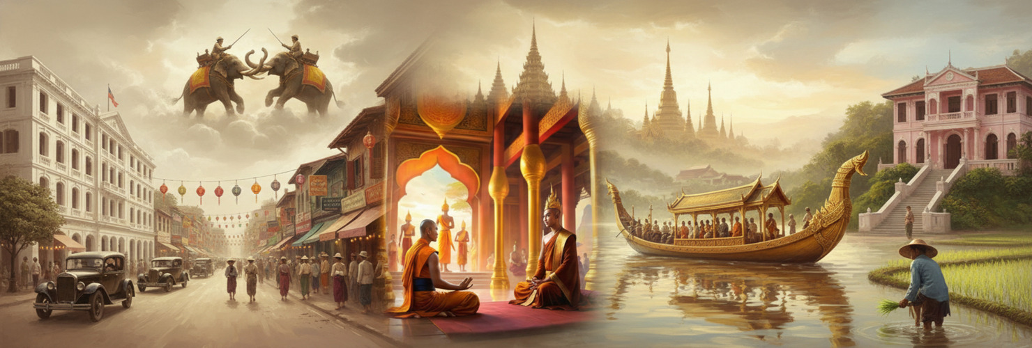 Cambodian heritage travel scene: monks, temples, elephants, and traditional architecture.