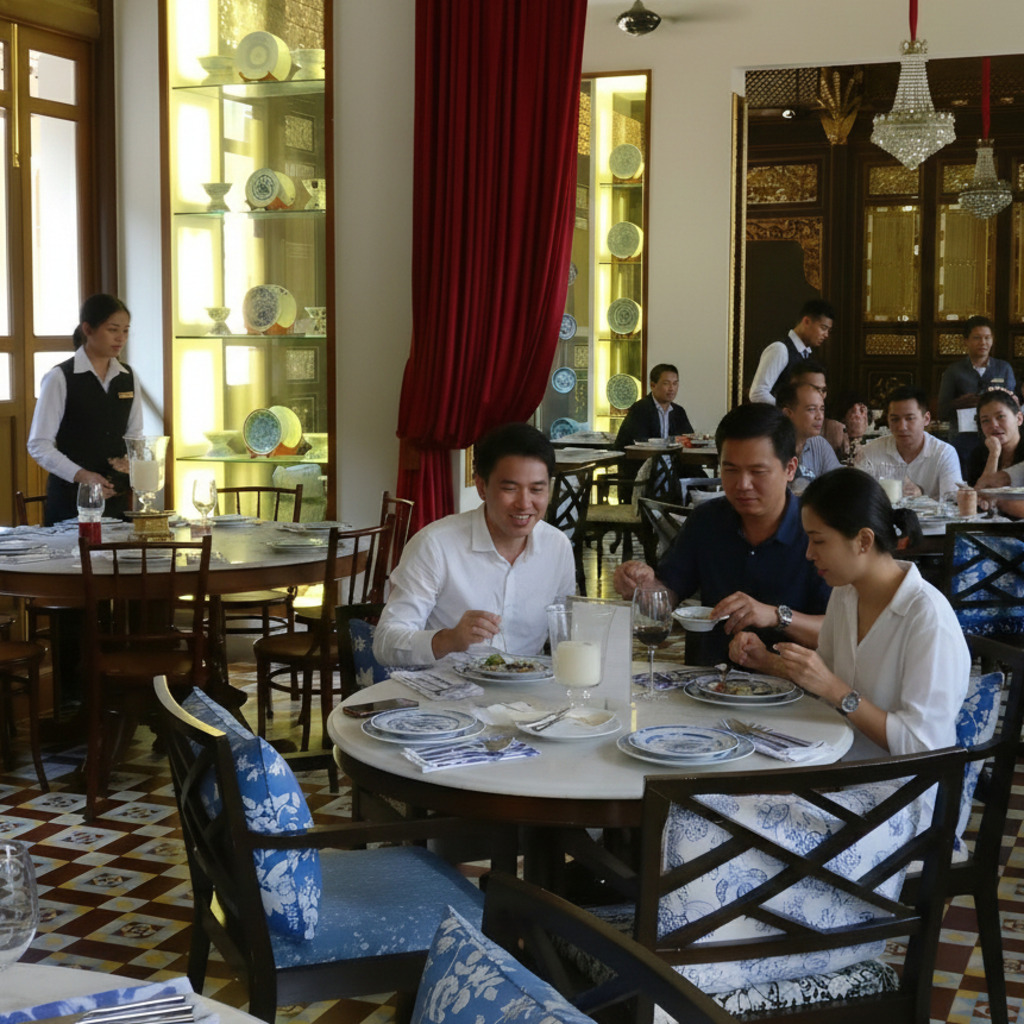 Diners enjoying a meal at Seven Terraces Georgetown, part of Stewart Lane's cultural heritage.