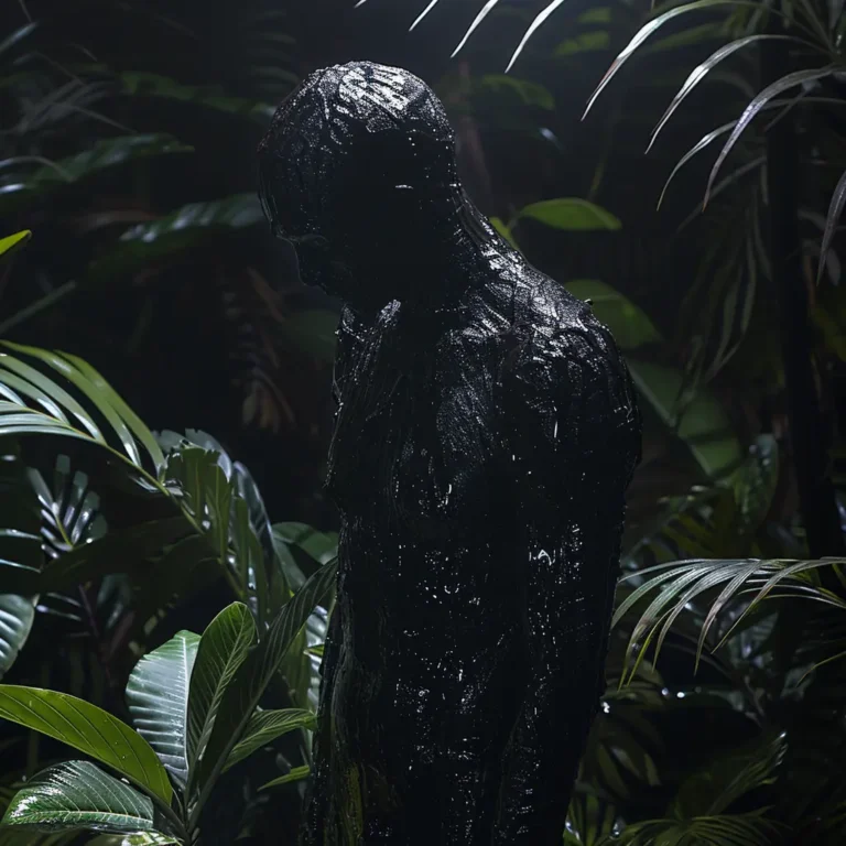 Dark, oily figure of an orang minyak in a lush jungle setting.