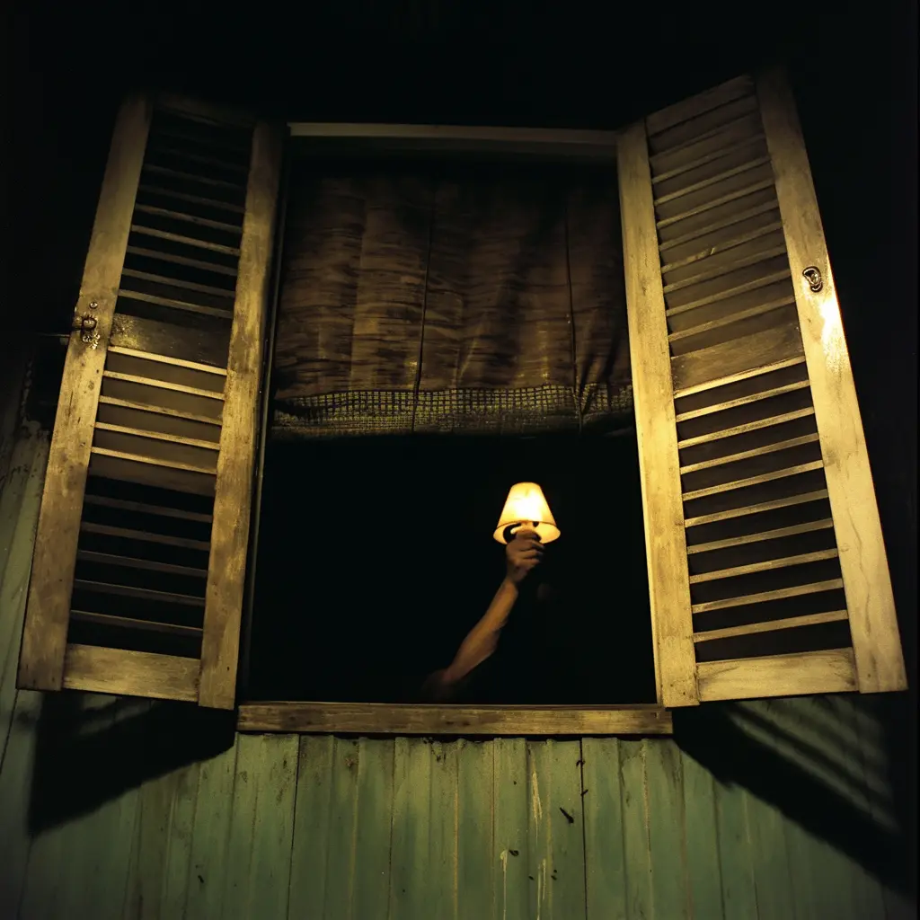 Orang minyak legend: A hand holds a lamp through a dark window