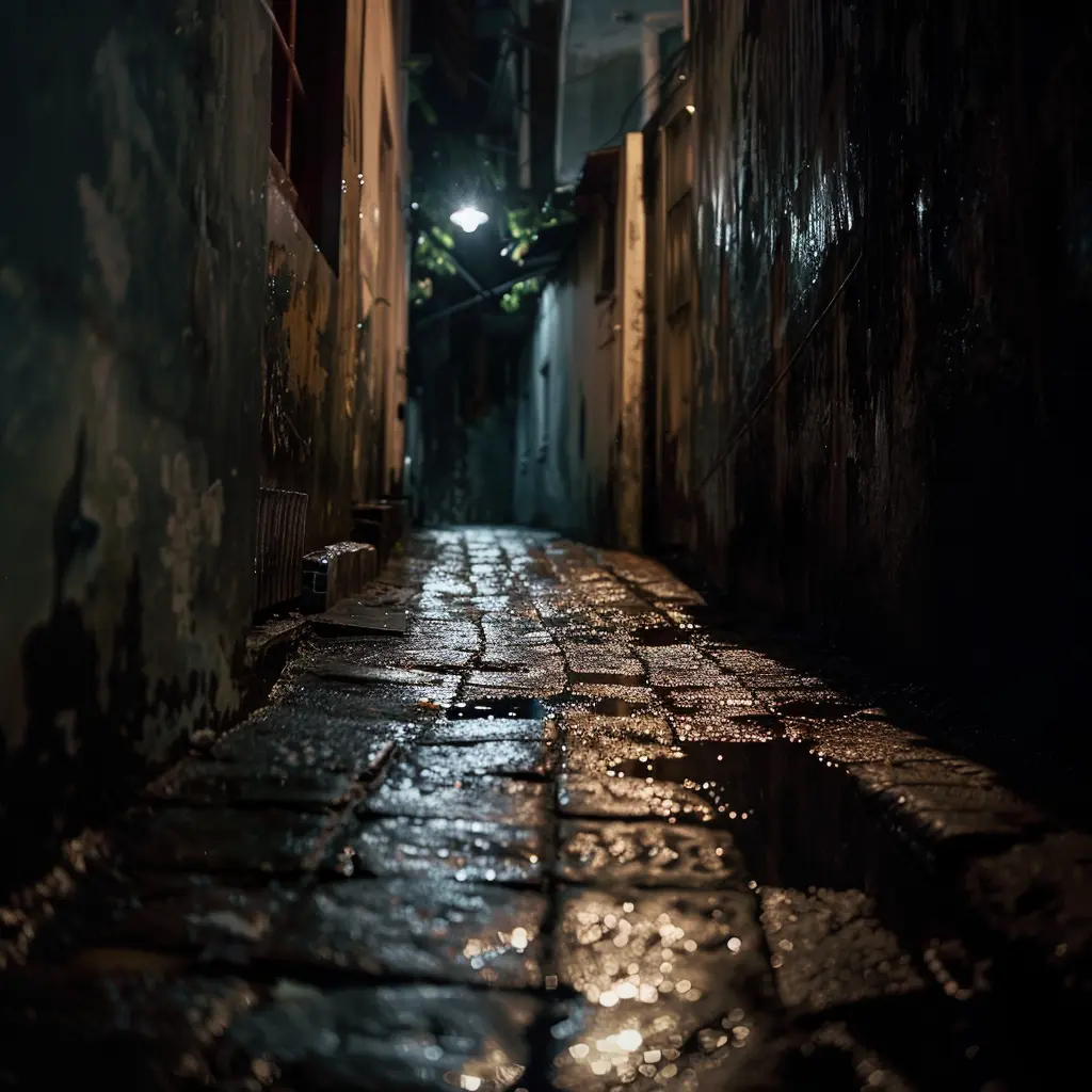 Dark, wet alleyway at night, evoking mysterious atmosphere