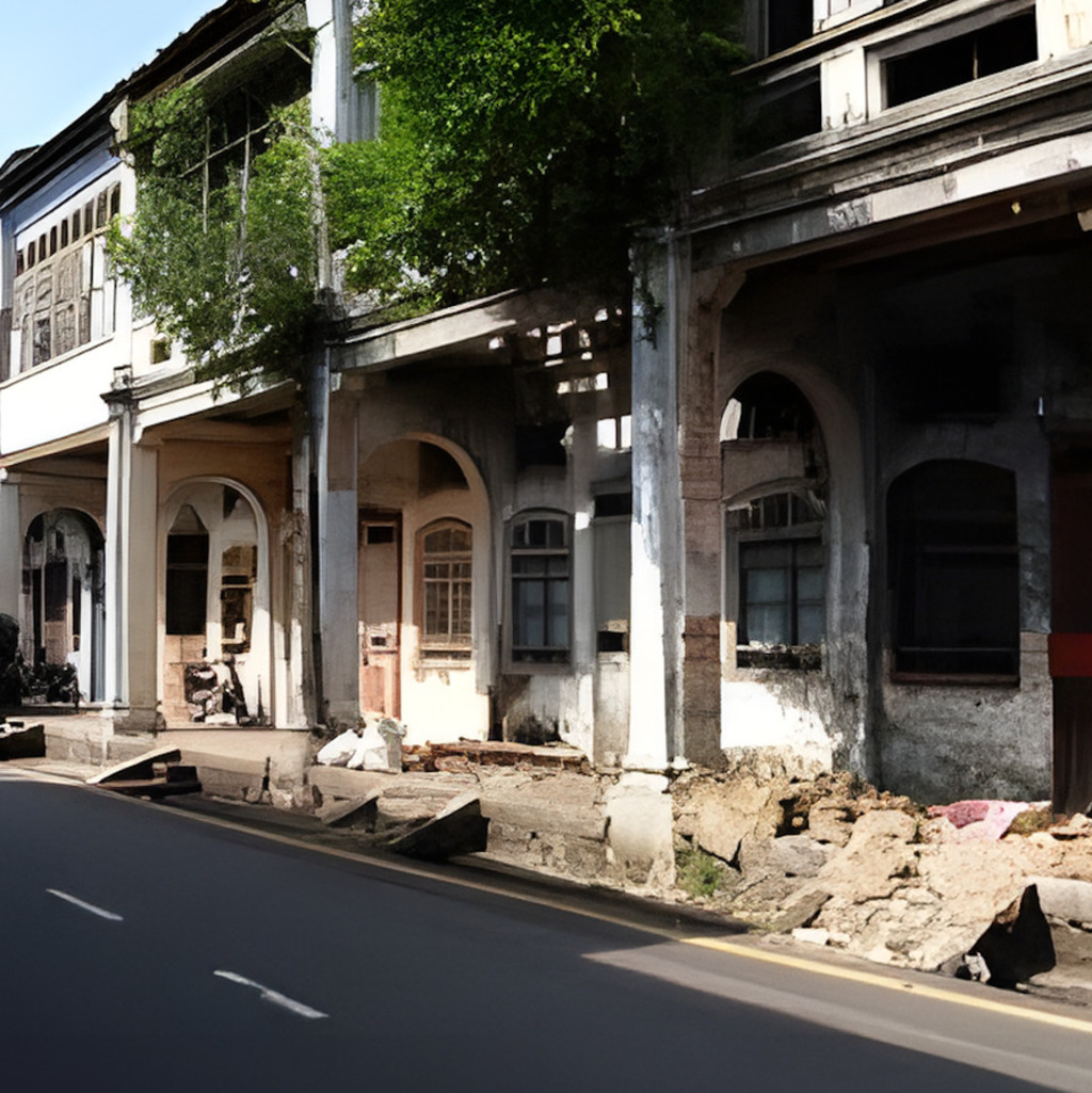 Dilapidated buildings on Stewart Lane, Georgetown, reflecting the area's historic charm.