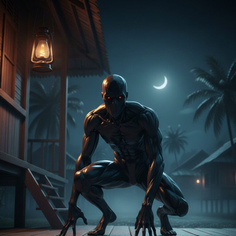 Orang Minyak, the Oily Man of Malaysia, crouches under a crescent moon with red eyes.