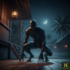 Orang Minyak, the Oily Man of Malaysia, crouches under the moonlight.