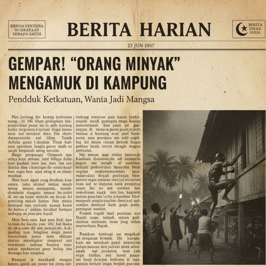 Newspaper clipping about the Orang Minyak, a Malaysian supernatural being