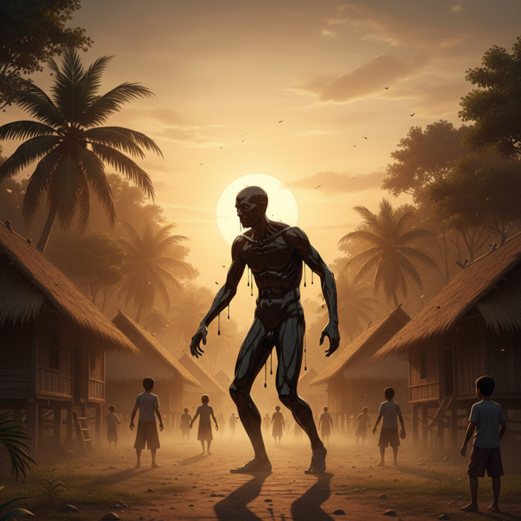 Orang Minyak: Oily man figure looming over a village at sunset.