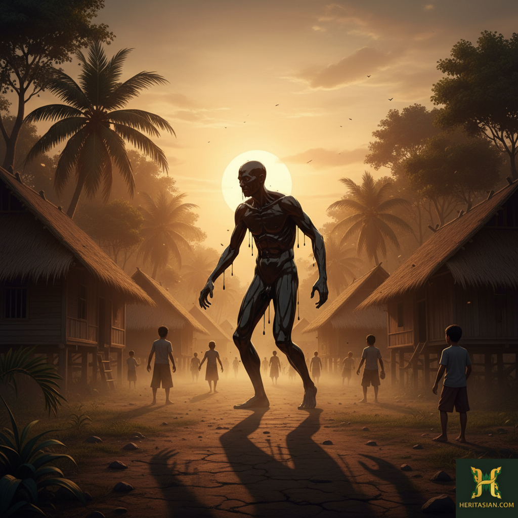Orang Minyak: Oily man figure looming over a village at sunset.