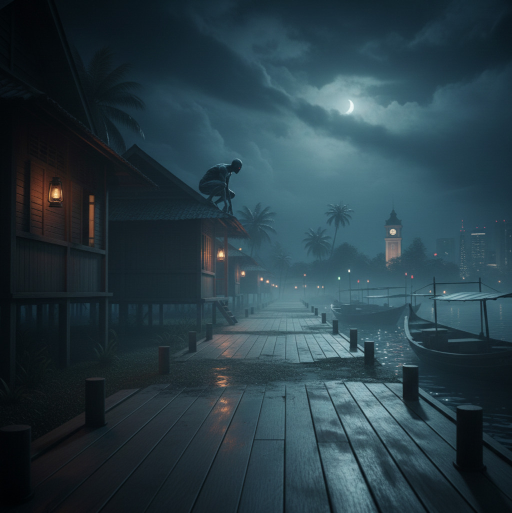 Orang Minyak on a rooftop at night, near a dock with boats and a distant cityscape.