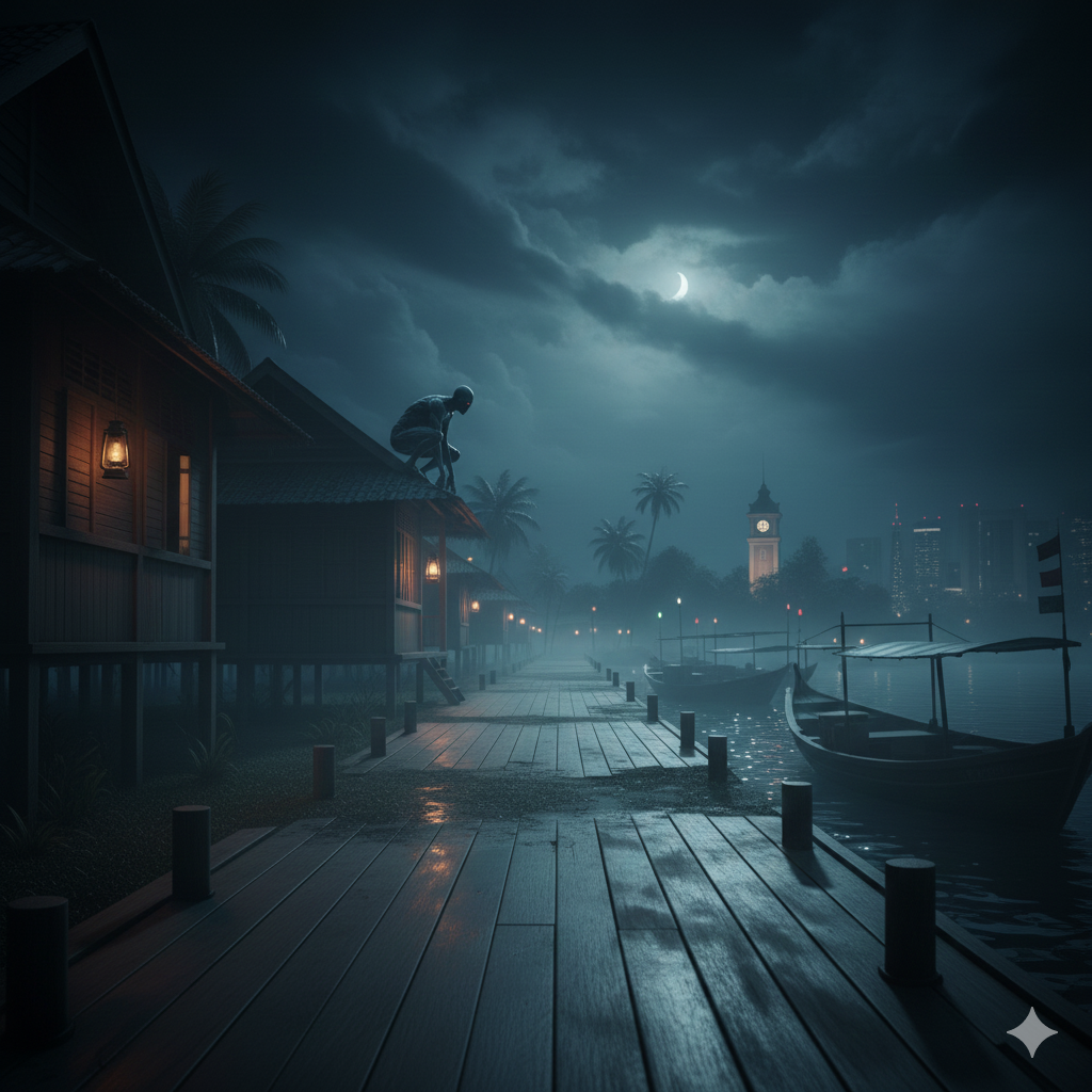 Orang Minyak on a rooftop at night, near a dock with boats and a distant cityscape.