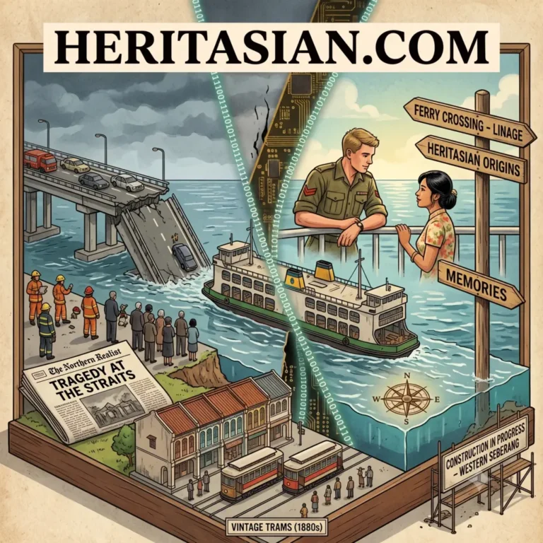 Penang Ferry Museum: Split scene shows ferry, bridge collapse, vintage trams, and historical signs.