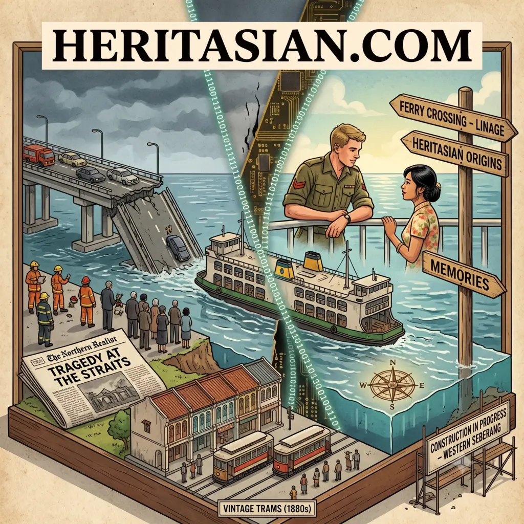 Penang Ferry Museum: Split scene shows ferry, bridge collapse, vintage trams, and historical signs.
