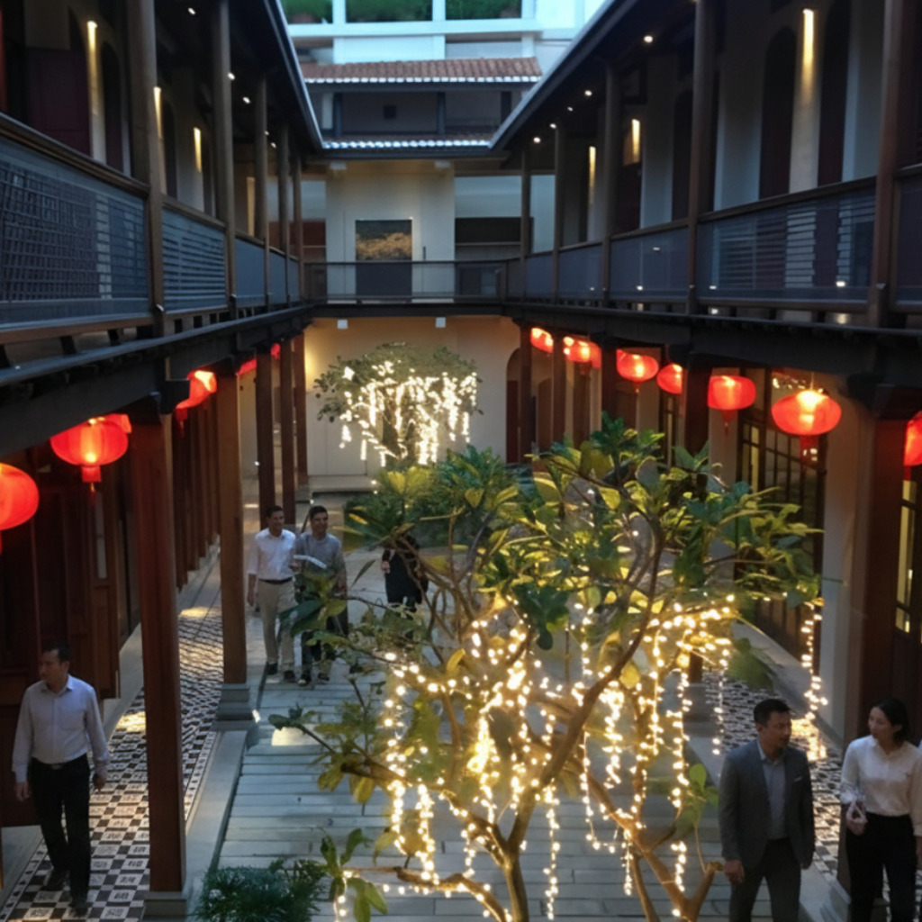 Courtyard view of Seven Terraces Georgetown with red lanterns and people walking through the space.