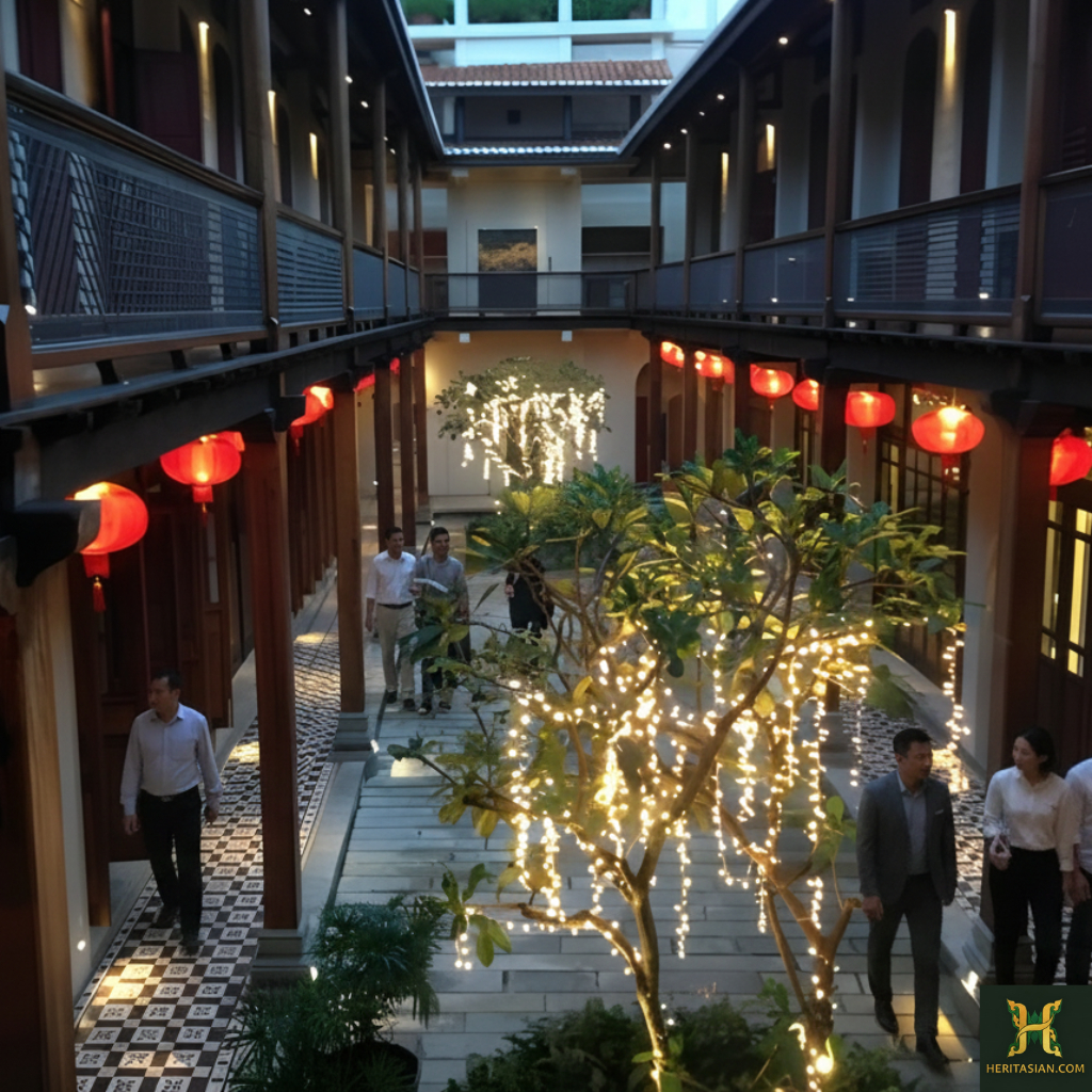 Courtyard view of Seven Terraces Georgetown with red lanterns and people walking through the space.