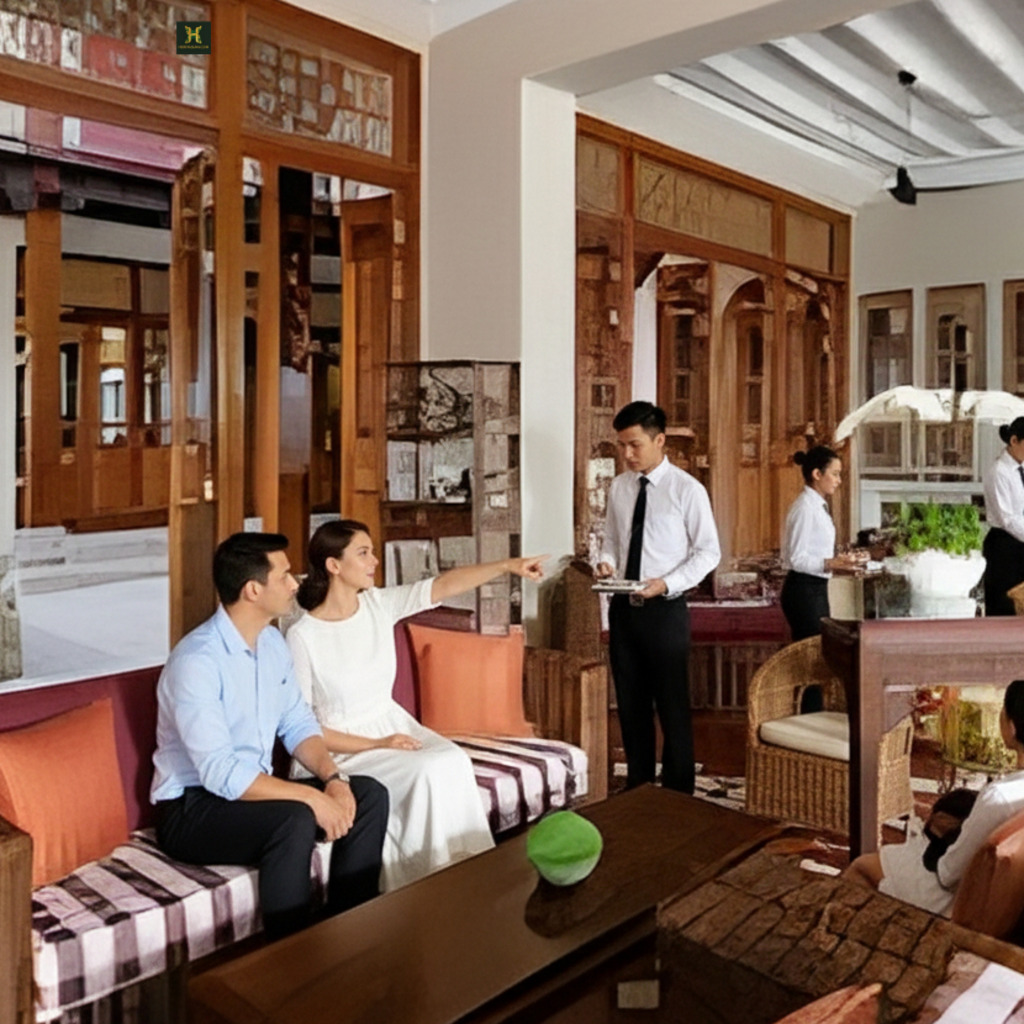 Elegant lobby at Seven Terraces Georgetown, featuring guests and hotel staff.