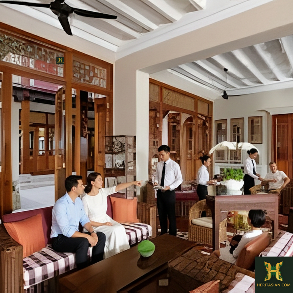 Elegant lobby at Seven Terraces Georgetown, featuring guests and hotel staff.