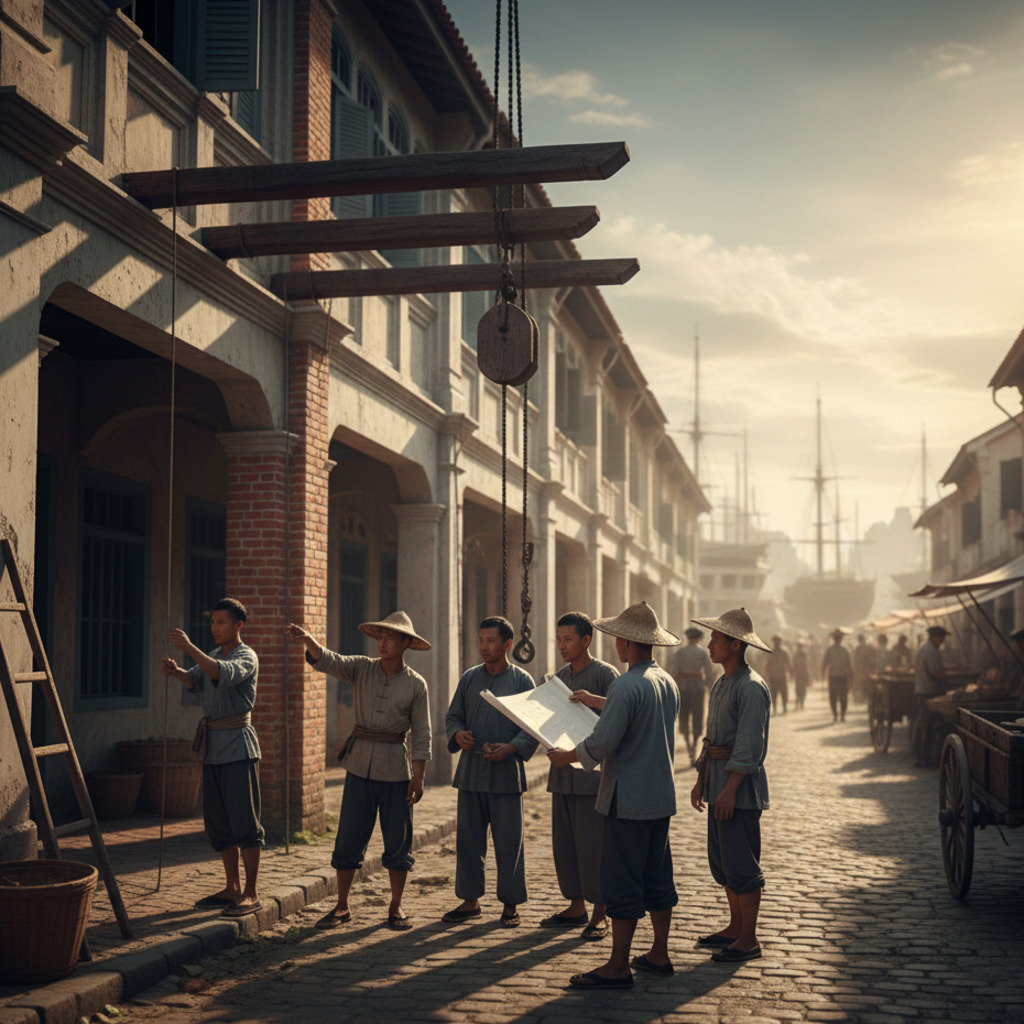 Southeast Asia: Shophouse construction with workers examining plans on a historic street with ships in the background.