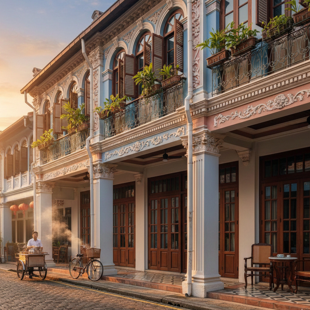 Charming shophouse hotels in Southeast Asia with ornate facade, street vendor, and bicycle.