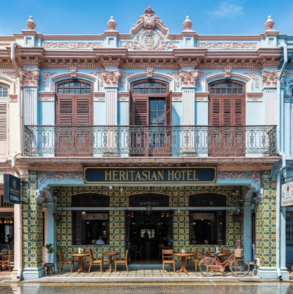 Heritasian Hotel, a beautifully restored shophouse hotel in Southeast Asia, with ornate blue facade and tiled entrance.