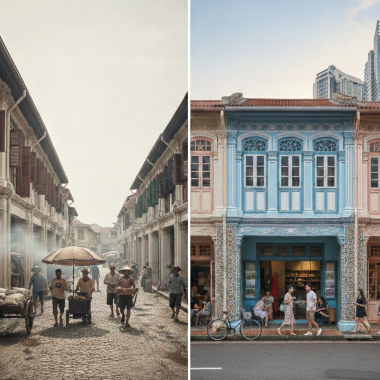 Shophouse street views in Southeast Asia: then and now. A connection to local heritage.