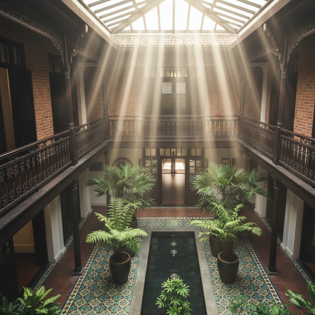 Sunlit courtyard in a Southeast Asia shophouse hotel, featuring plants and a central water feature.