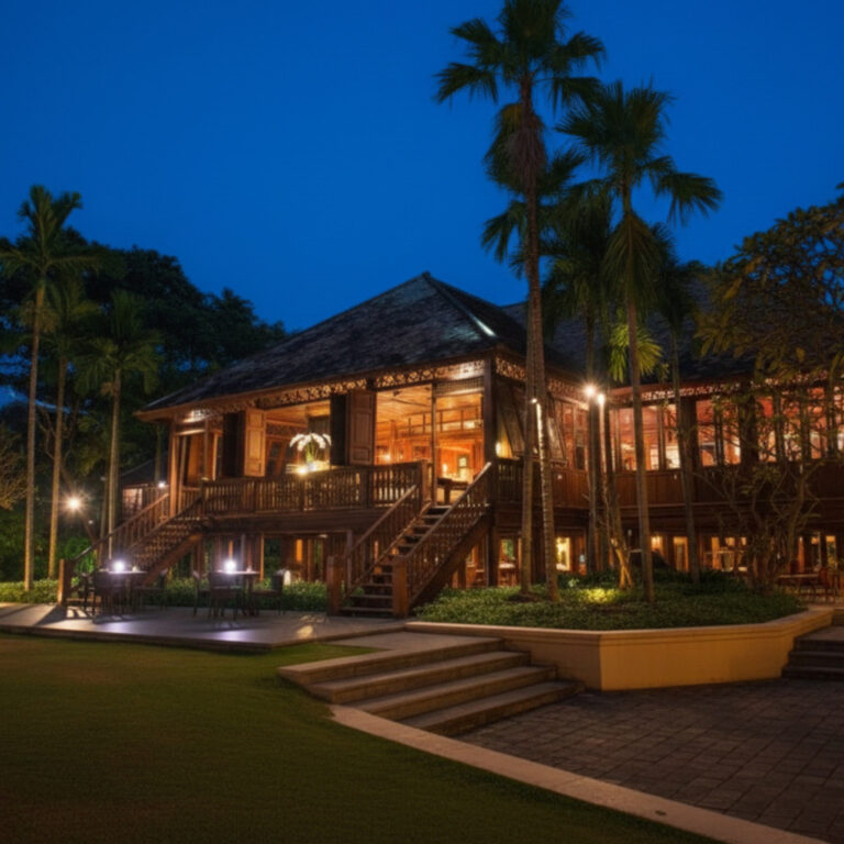 Baan Borneo at 137 Pillars House, illuminated at night with palm trees.