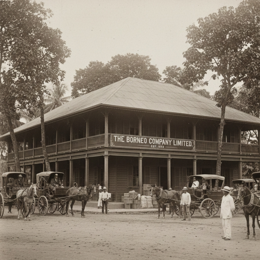 The Borneo Company Limited building, est. 1856, with horse-drawn carriages in front.