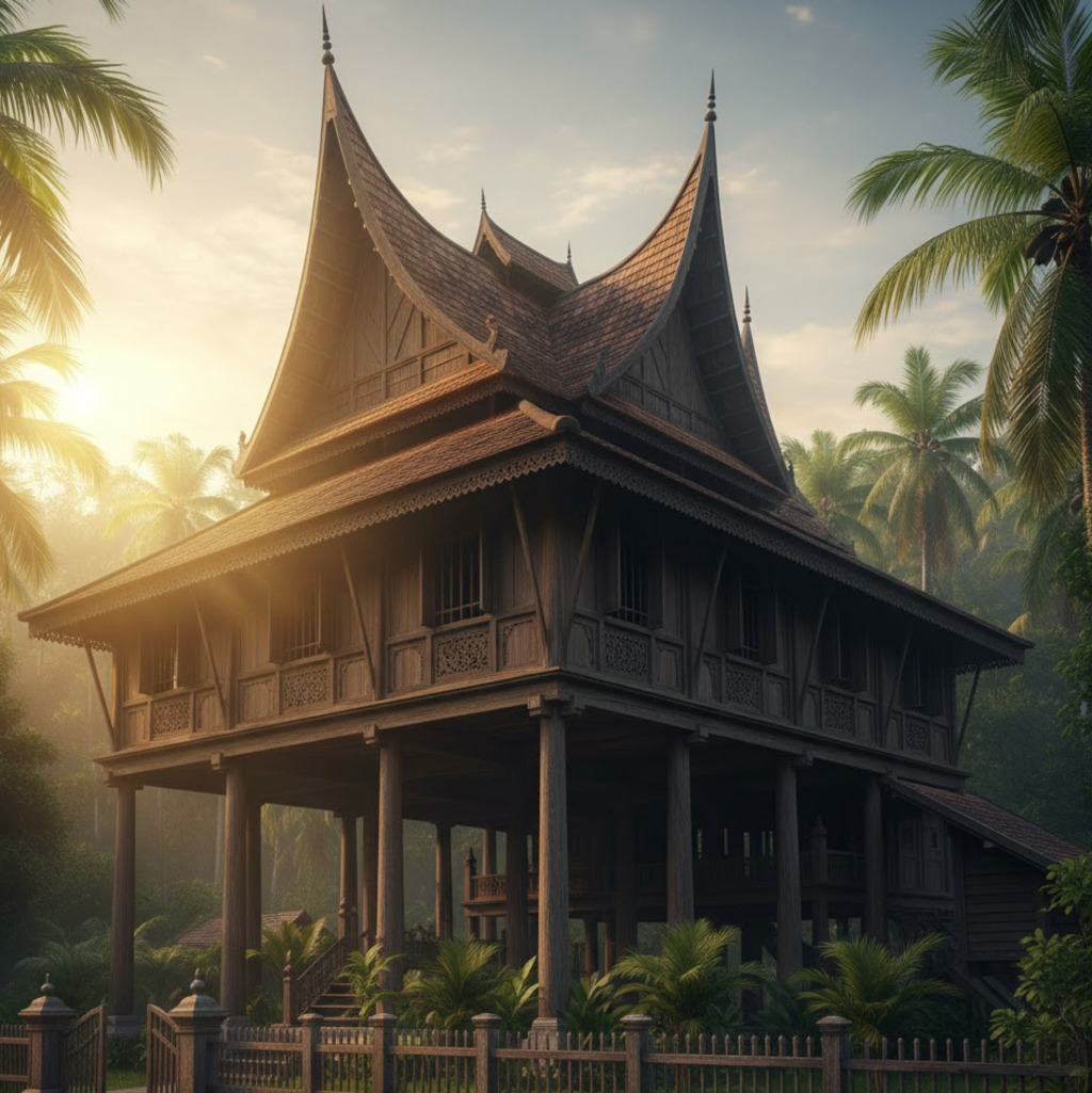 Traditional wooden house with a curved roof, nestled among palm trees, showcasing vernacular architecture.